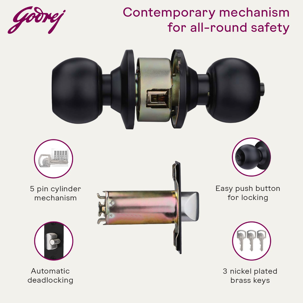 Godrej Cylinder Lock | Single Panel Door Lock | Suitable for Bedroom Doors  and Inter-Connected Doors for Commercial Space | Keyped | Matte Black Finish | Door Thickness 32mm to 45mm | 5 Years Warranty